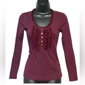 Women’s burgundy Long Sleeve Blouse Size XS Button Front Eyelash Fringe Trim